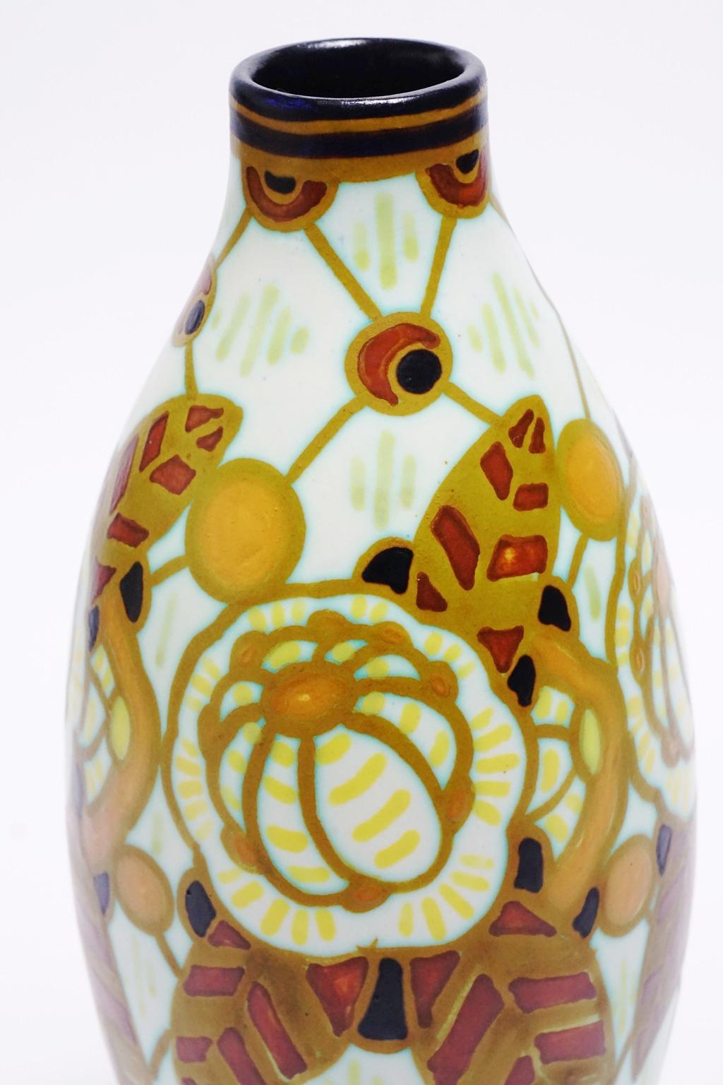 Art Deco Keramis Boch Matt Floral Peacock-Eyed Vase For Sale 1