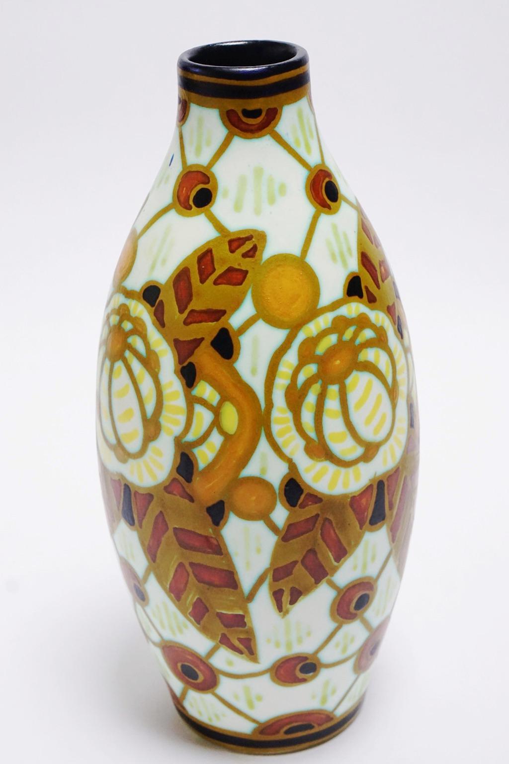 Art Deco Keramis Boch Matt Floral Peacock-Eyed Vase For Sale 2