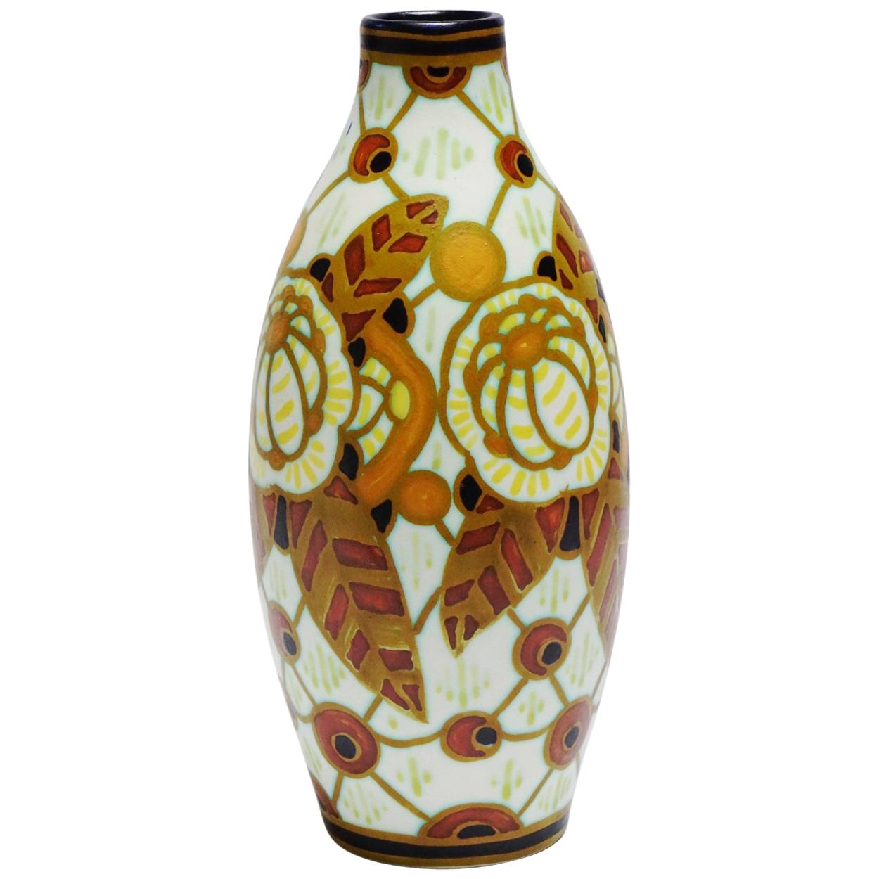Art Deco Keramis Boch Matt Floral Peacock-Eyed Vase For Sale