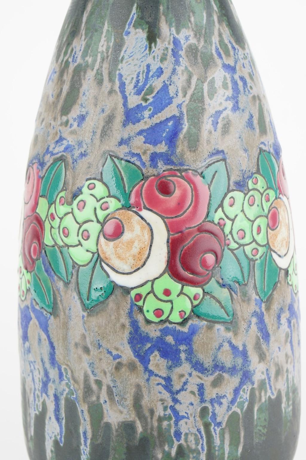 Belgian Art Deco Keramis Boch Stoneware Blue Gres Vase D700 F898 For Sale