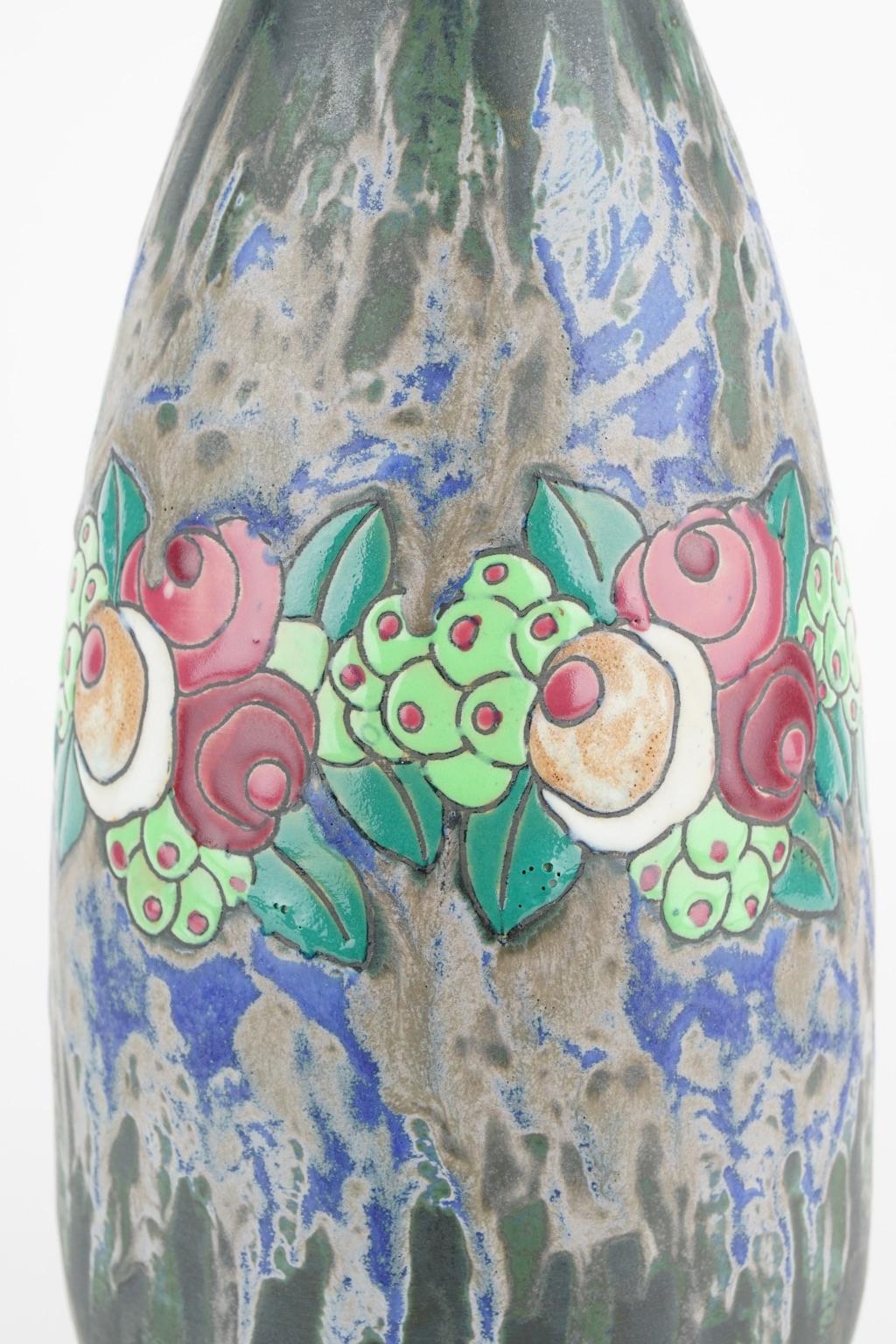 Enameled Art Deco Keramis Boch Stoneware Blue Gres Vase D700 F898 For Sale