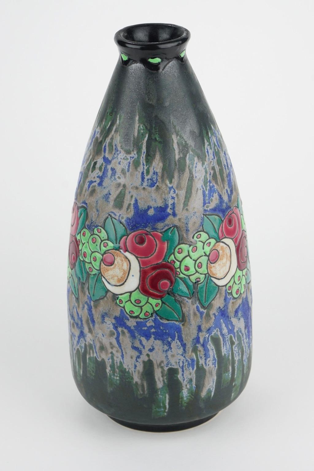 Early 20th Century Art Deco Keramis Boch Stoneware Blue Gres Vase D700 F898 For Sale