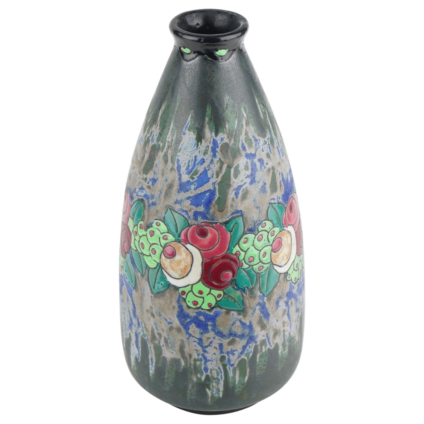 Art Deco Keramis Boch Stoneware Blue Gres Vase D700 F898 im Angebot