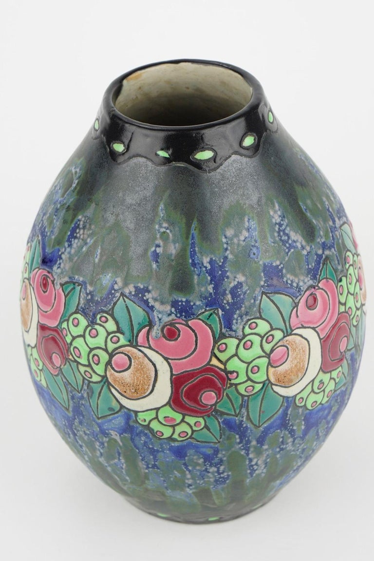 Belgian Art Deco Keramis Boch Stoneware Blue Gres Vase D700 F901 For Sale