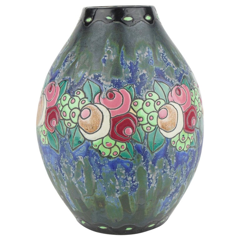 Art Deco Keramis Boch Stoneware Blue Gres Vase D700 F901 For Sale