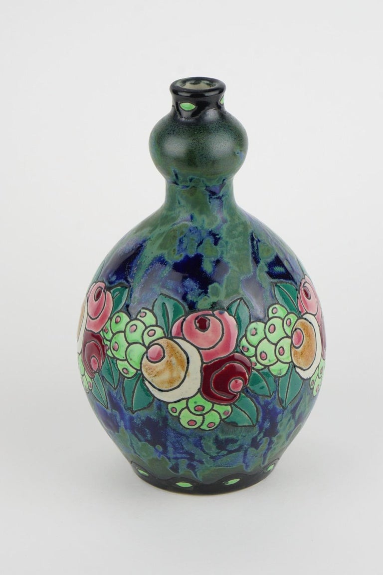 Belgian Art Deco Keramis Boch Stoneware Blue Gres Vase D700 F904 For Sale