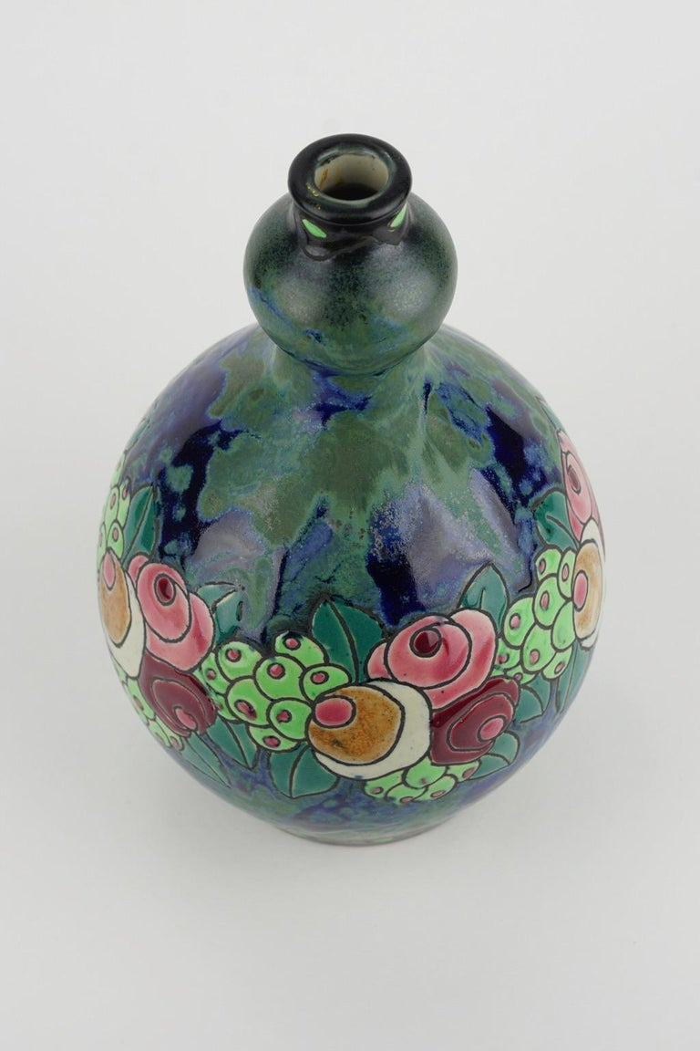 Early 20th Century Art Deco Keramis Boch Stoneware Blue Gres Vase D700 F904 For Sale