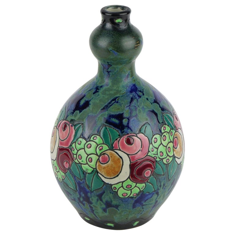 Art Deco Keramis Boch Stoneware Blue Gres Vase D700 F904 For Sale