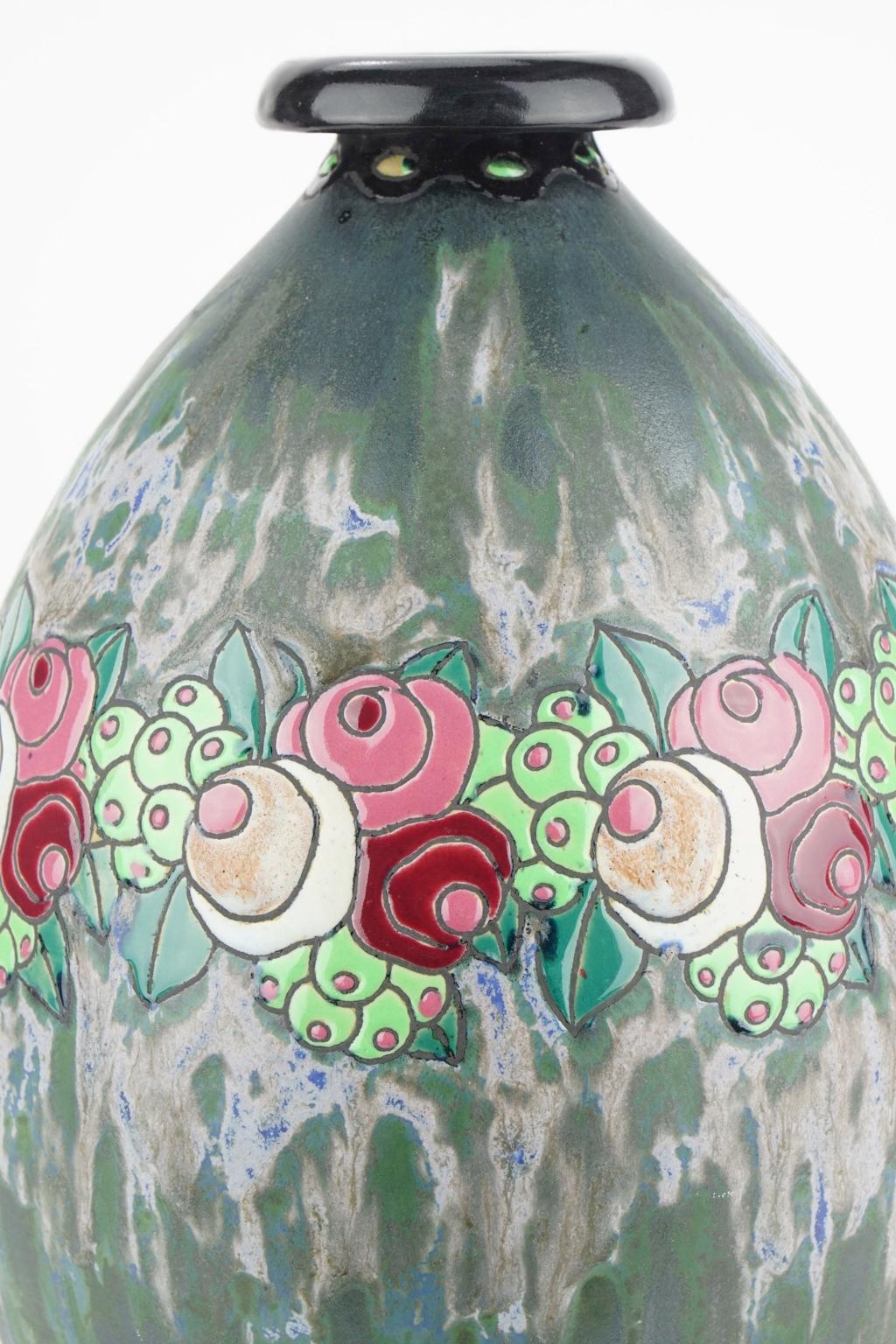 Enameled Art Deco Keramis Boch Stoneware Blue Gres Vase D700 F960 For Sale