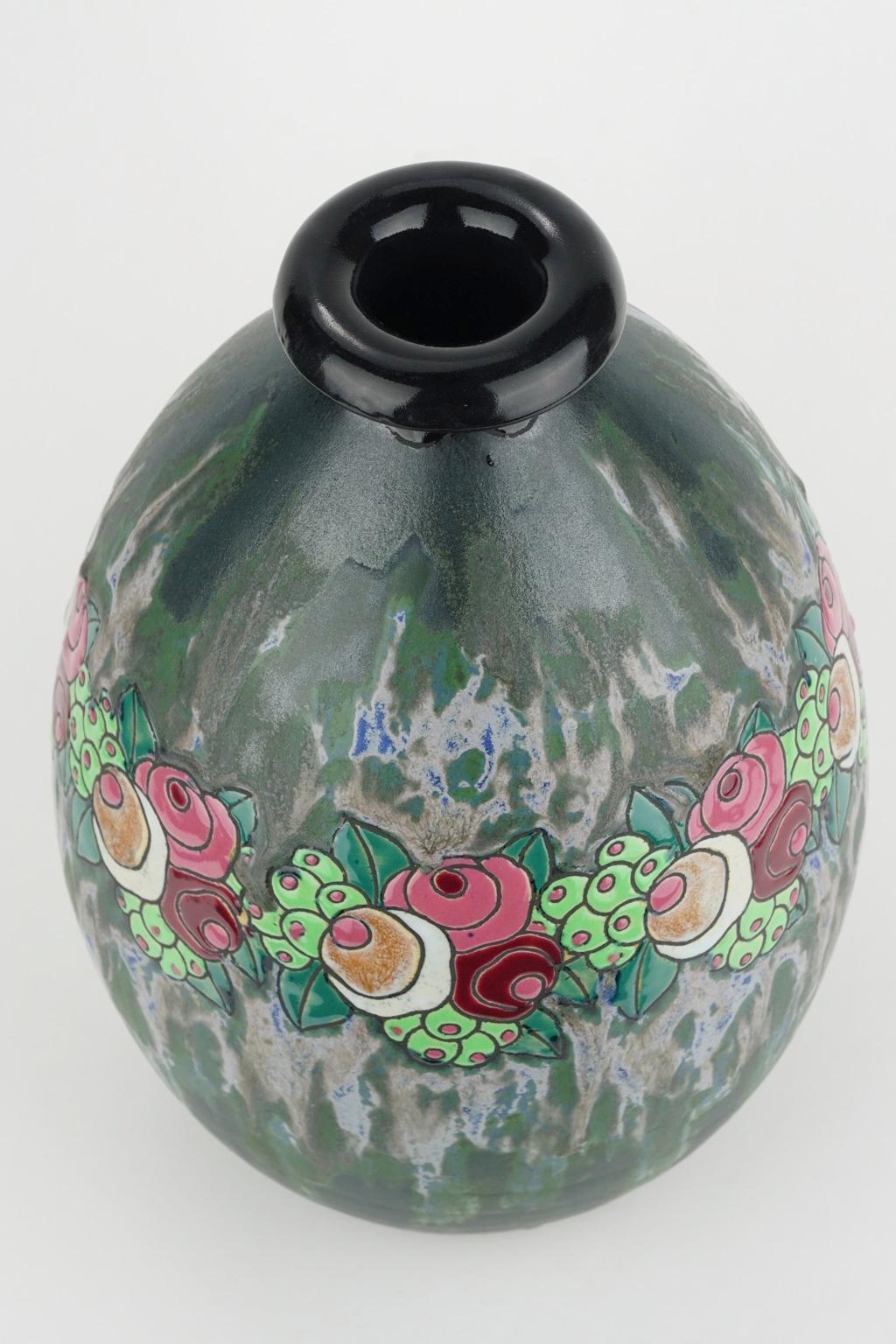 Early 20th Century Art Deco Keramis Boch Stoneware Blue Gres Vase D700 F960 For Sale