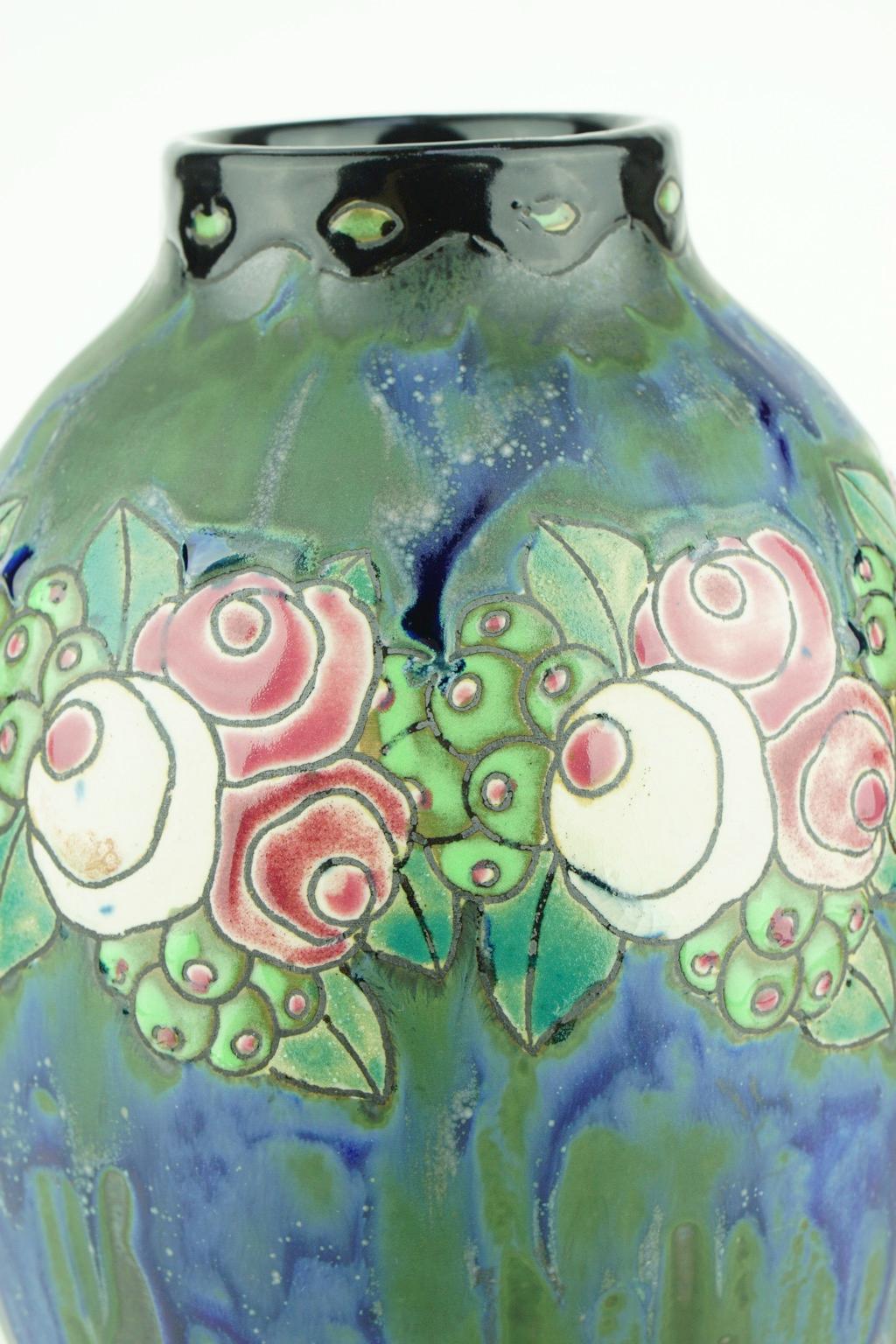 Belgian Art Deco Keramis Boch Stoneware Blue Gres Vase For Sale
