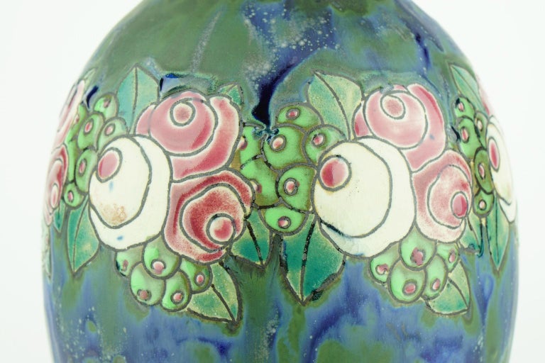 Enameled Art Deco Keramis Boch Stoneware Blue Gres Vase For Sale