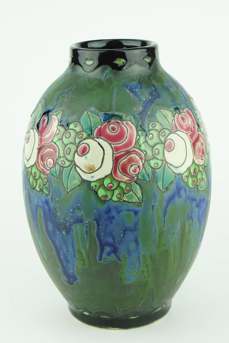 Early 20th Century Art Deco Keramis Boch Stoneware Blue Gres Vase For Sale