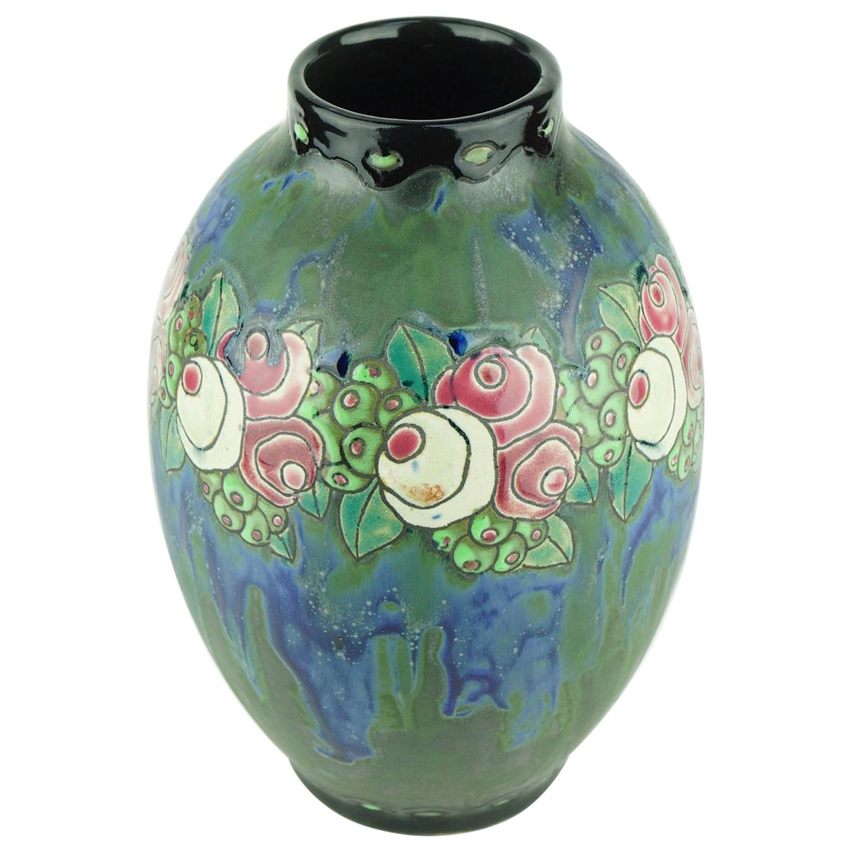 Art Deco Keramis Boch Stoneware Blue Gres Vase For Sale