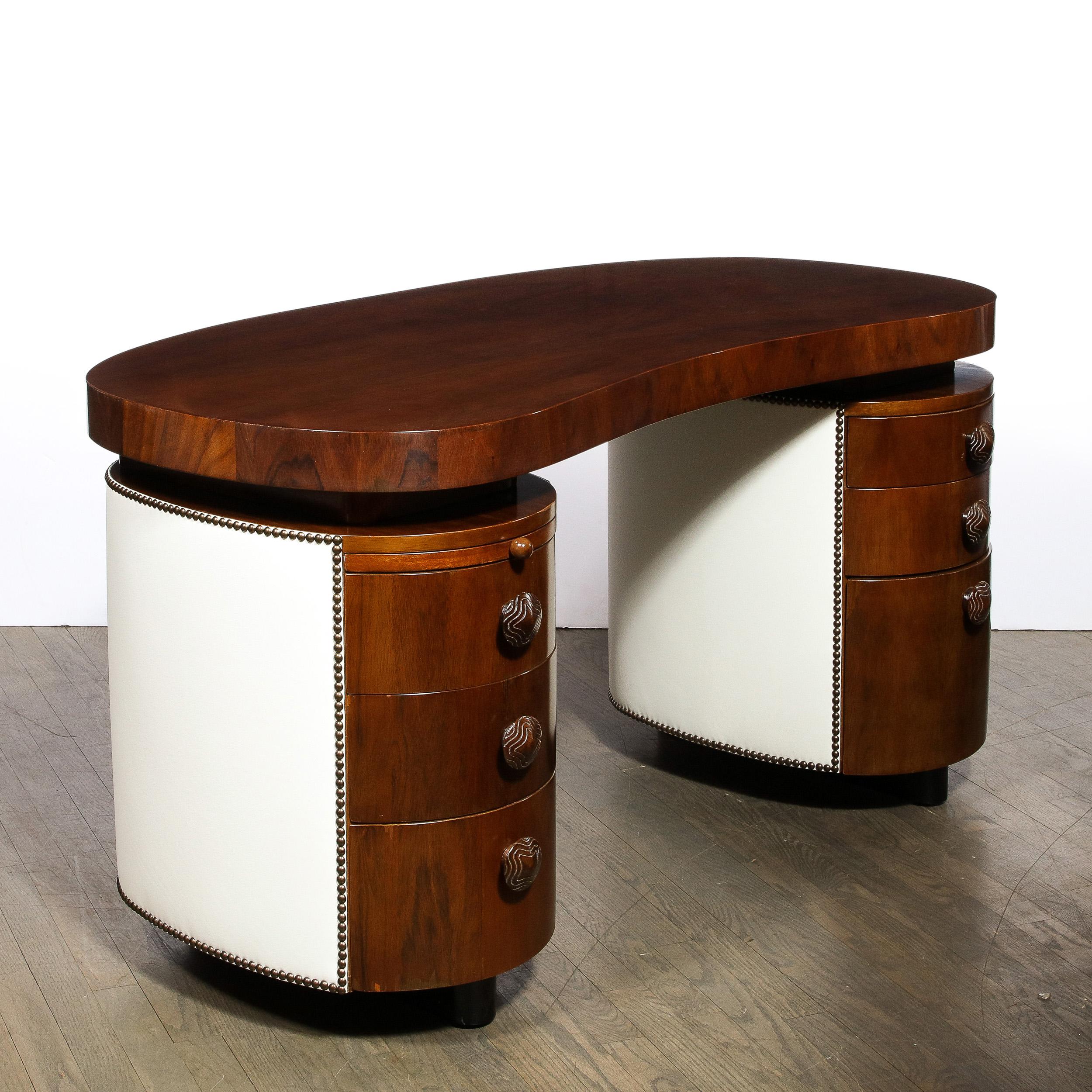 Art Deco Kidney Paldao Wood w/ Leather Brass Studded Base Desk by Gilbert Rhode 6