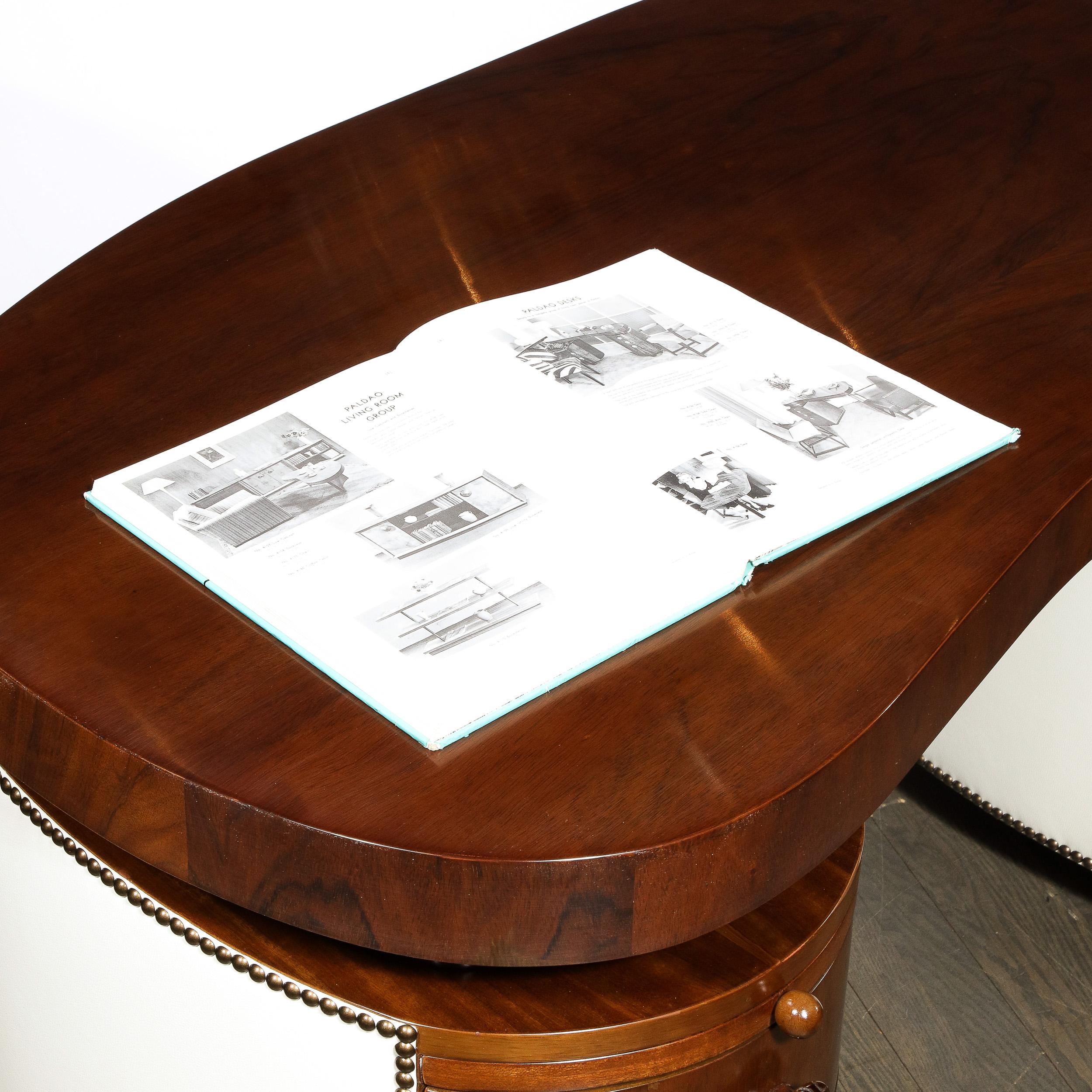 Art Deco Kidney Paldao Wood w/ Leather Brass Studded Base Desk by Gilbert Rhode 10