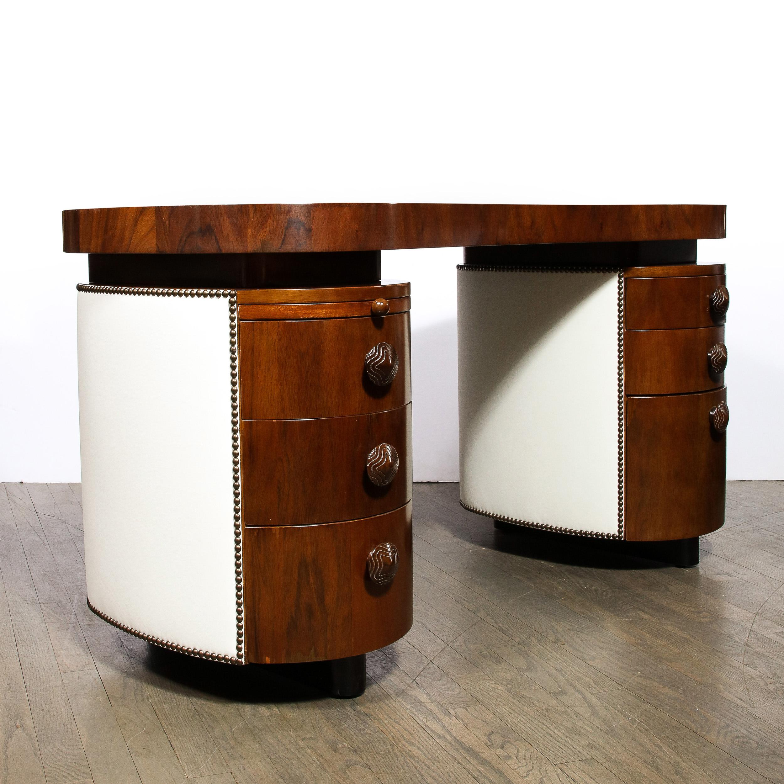 Art Deco Kidney Paldao Wood w/ Leather Brass Studded Base Desk by Gilbert Rhode 14