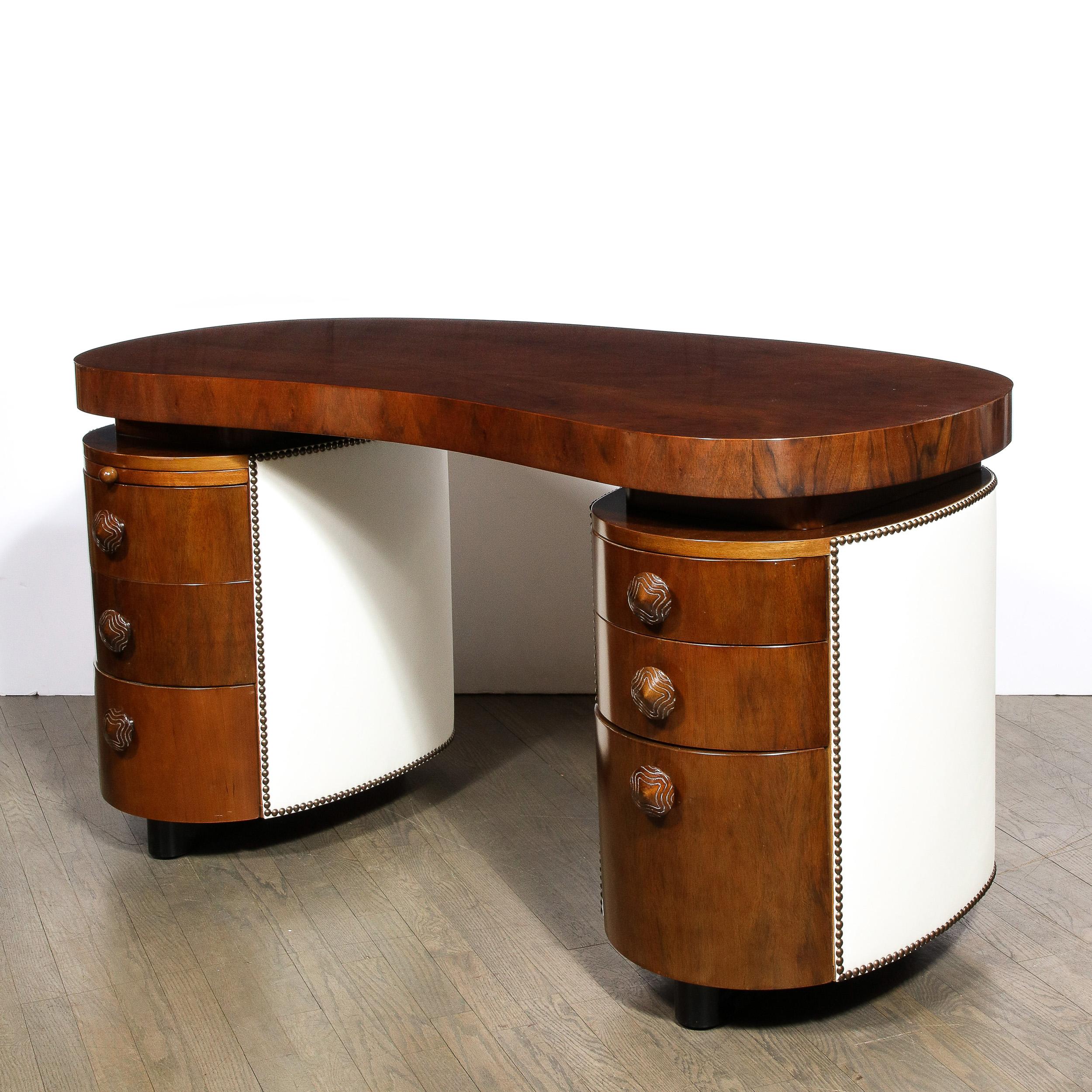 Art Deco Kidney Paldao Wood w/ Leather Brass Studded Base Desk by Gilbert Rhode In Excellent Condition In New York, NY