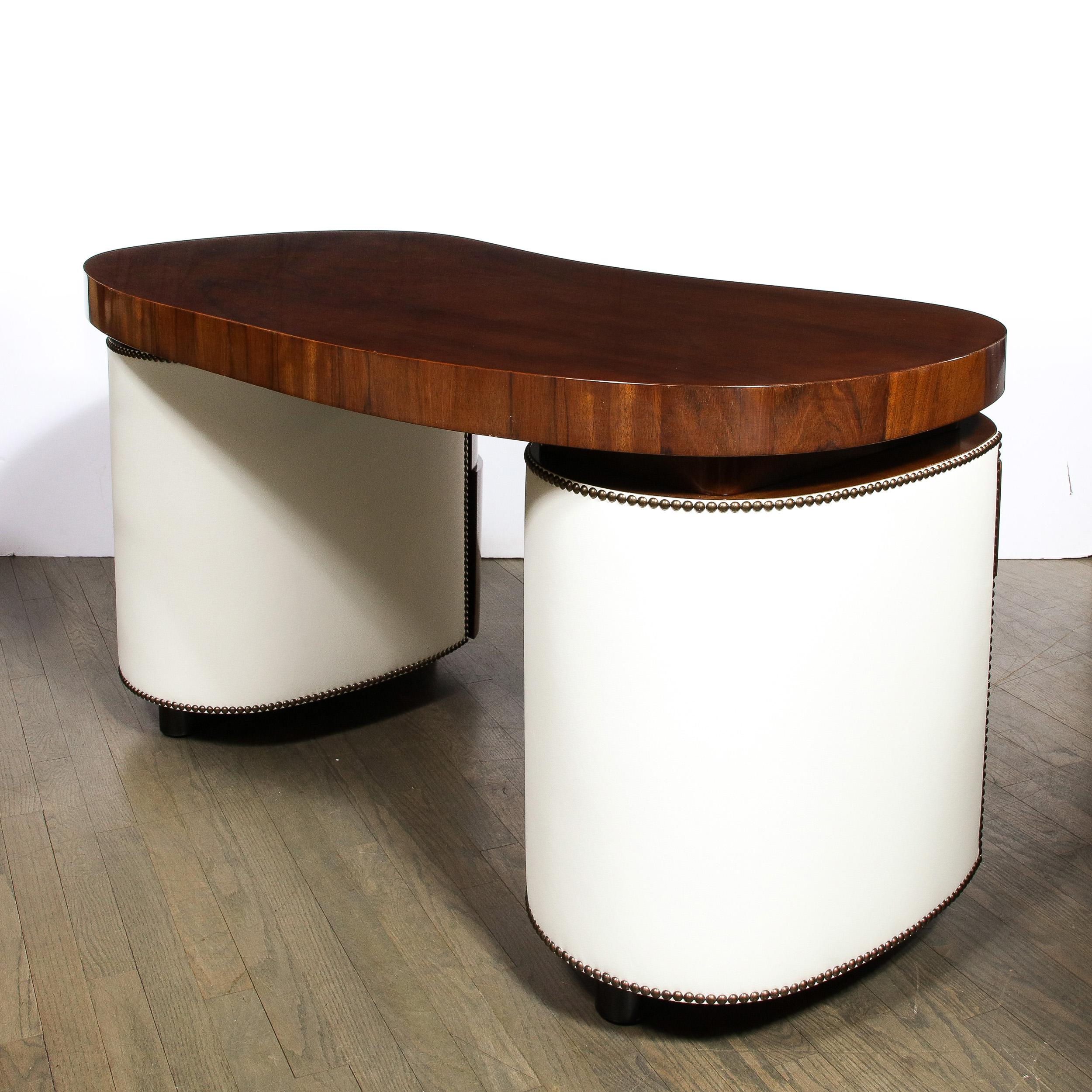 Art Deco Kidney Paldao Wood w/ Leather Brass Studded Base Desk by Gilbert Rhode 4