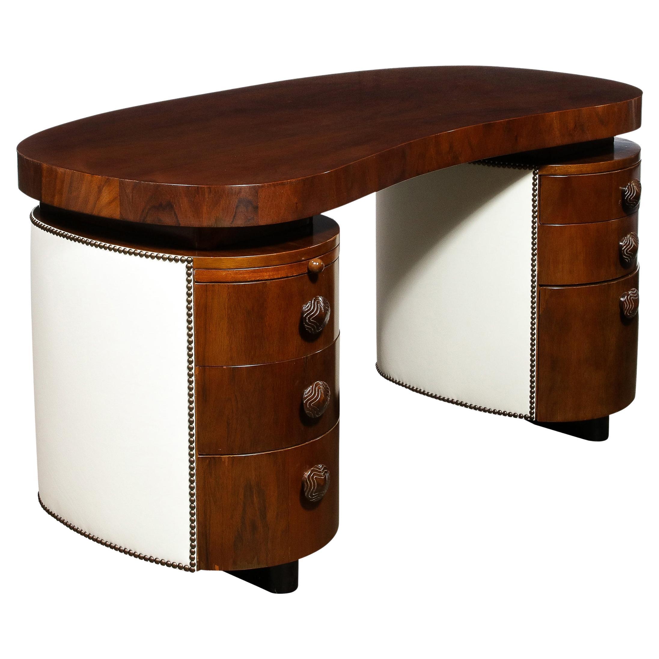 Art Deco Kidney Paldao Wood w/ Leather Brass Studded Base Desk by Gilbert Rhode