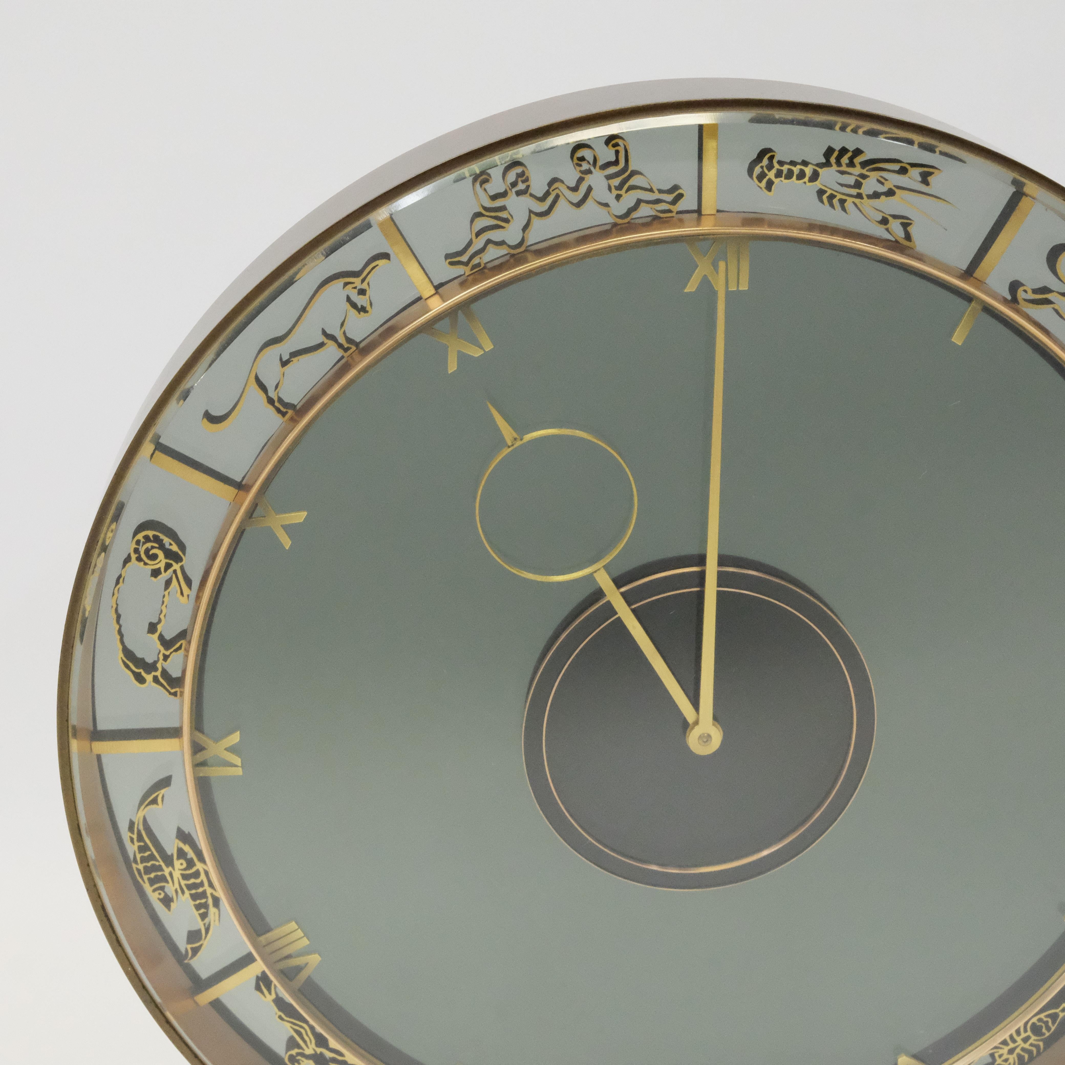 Brass Art Deco Kienzly Zodiac Mantel Mystery Clock, circa 1935, Heinrich Möller For Sale