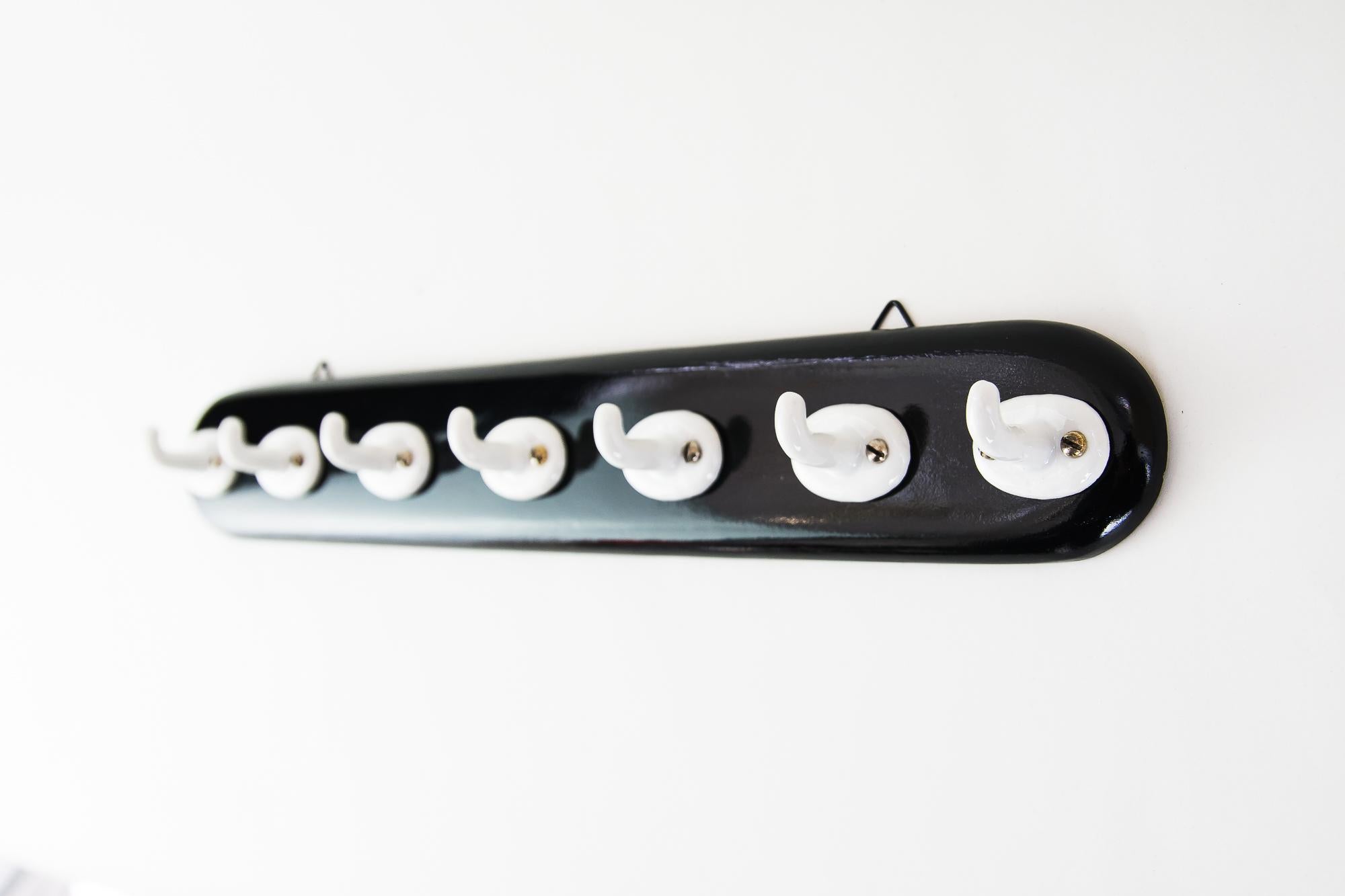Porcelain Art Deco Kitchen Board with 7 Hooks, circa 1920s For Sale