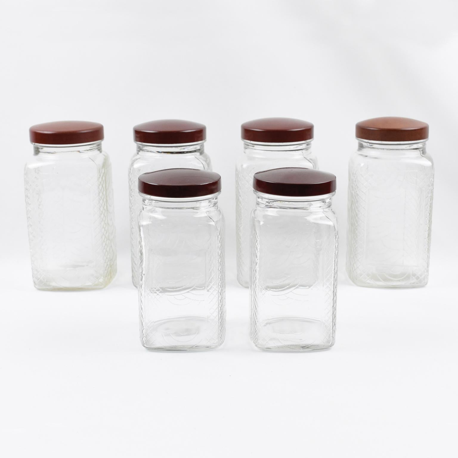 French Art Deco Kitchen Canister Jar Molded Glass and Bakelite, 1930s, 6 pieces For Sale