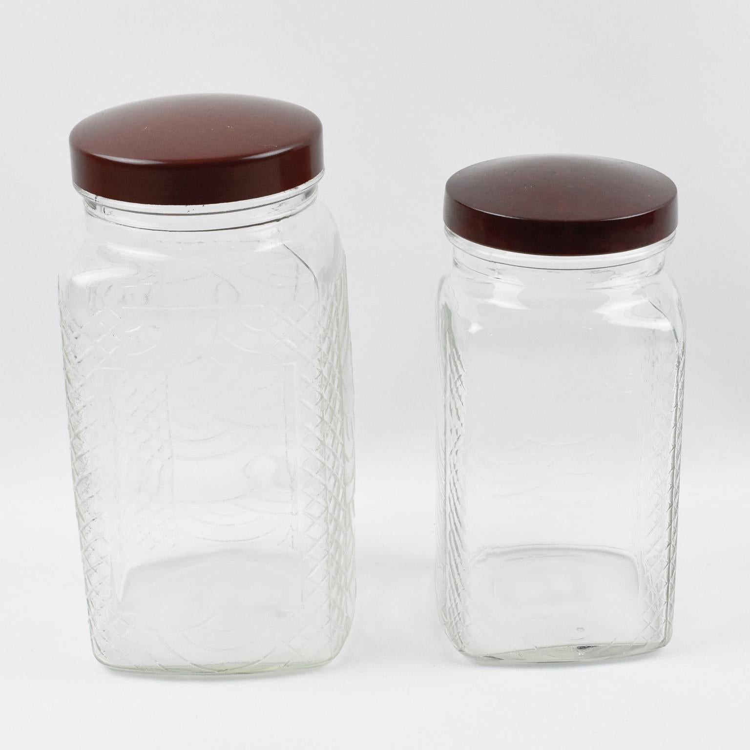 Mid-20th Century Art Deco Kitchen Canister Jar Molded Glass and Bakelite, 1930s, 6 pieces For Sale