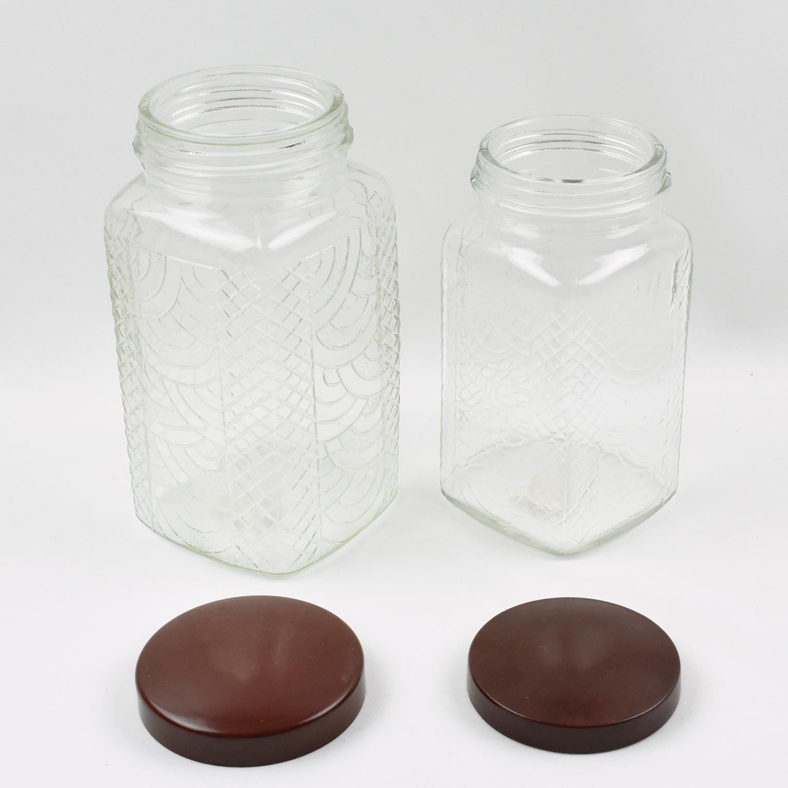 Mid-20th Century Art Deco Kitchen Canister Jar Molded Glass and Bakelite, 1930s, 6 pieces For Sale