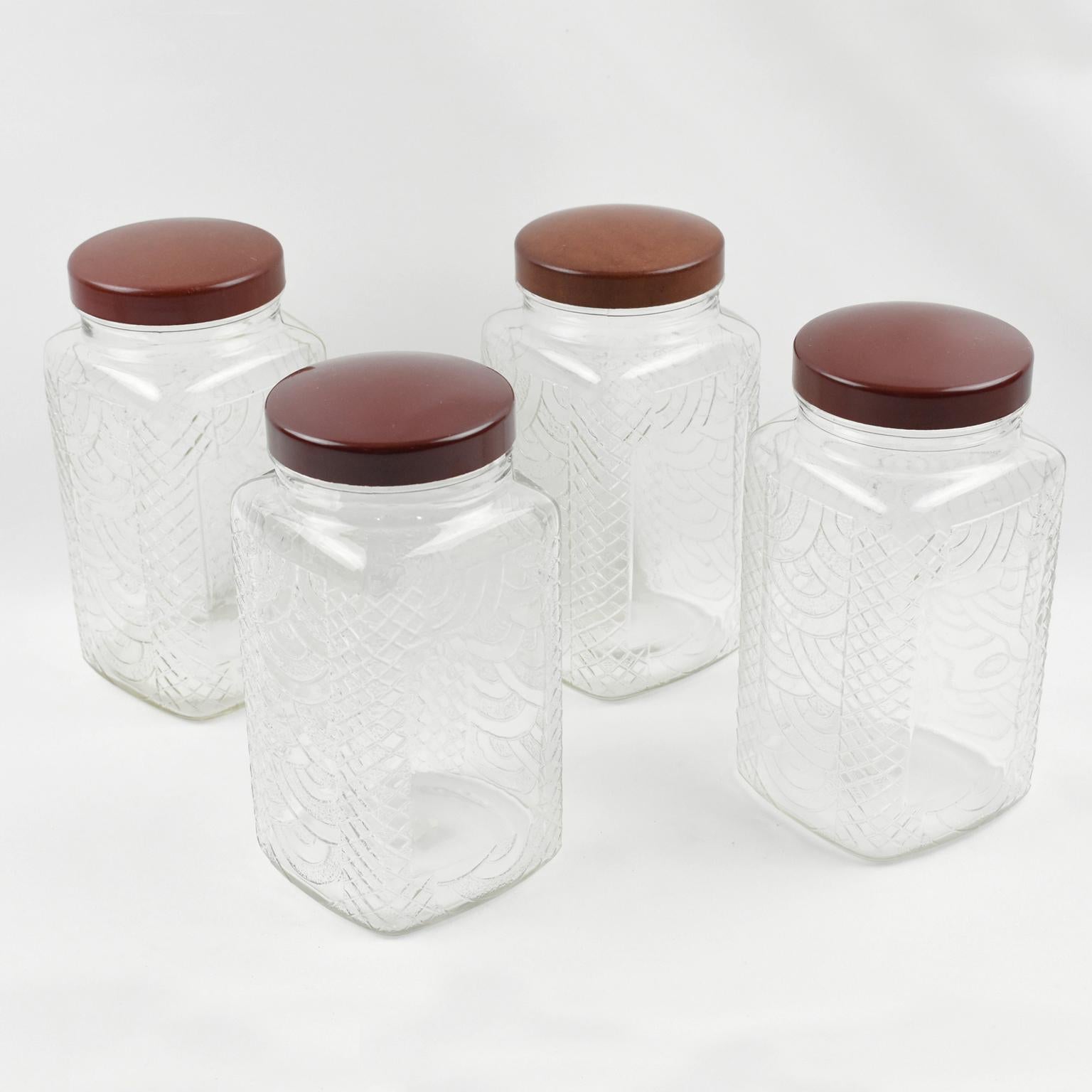 Art Deco Kitchen Canister Jar Molded Glass and Bakelite, 1930s, 6 pieces For Sale 1