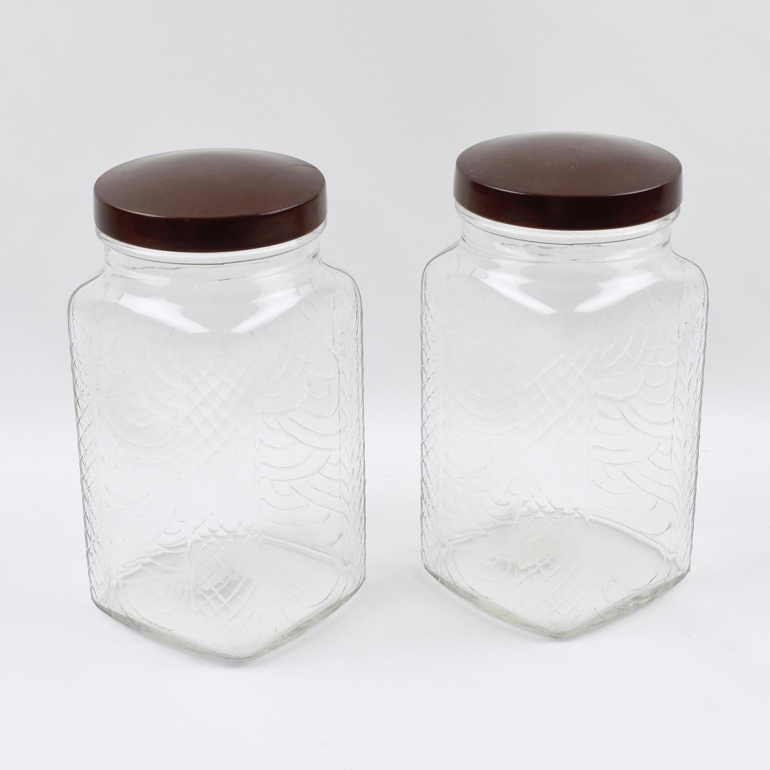 Art Deco Kitchen Canister Jar Molded Glass and Bakelite, 1930s, 6 pieces For Sale 2