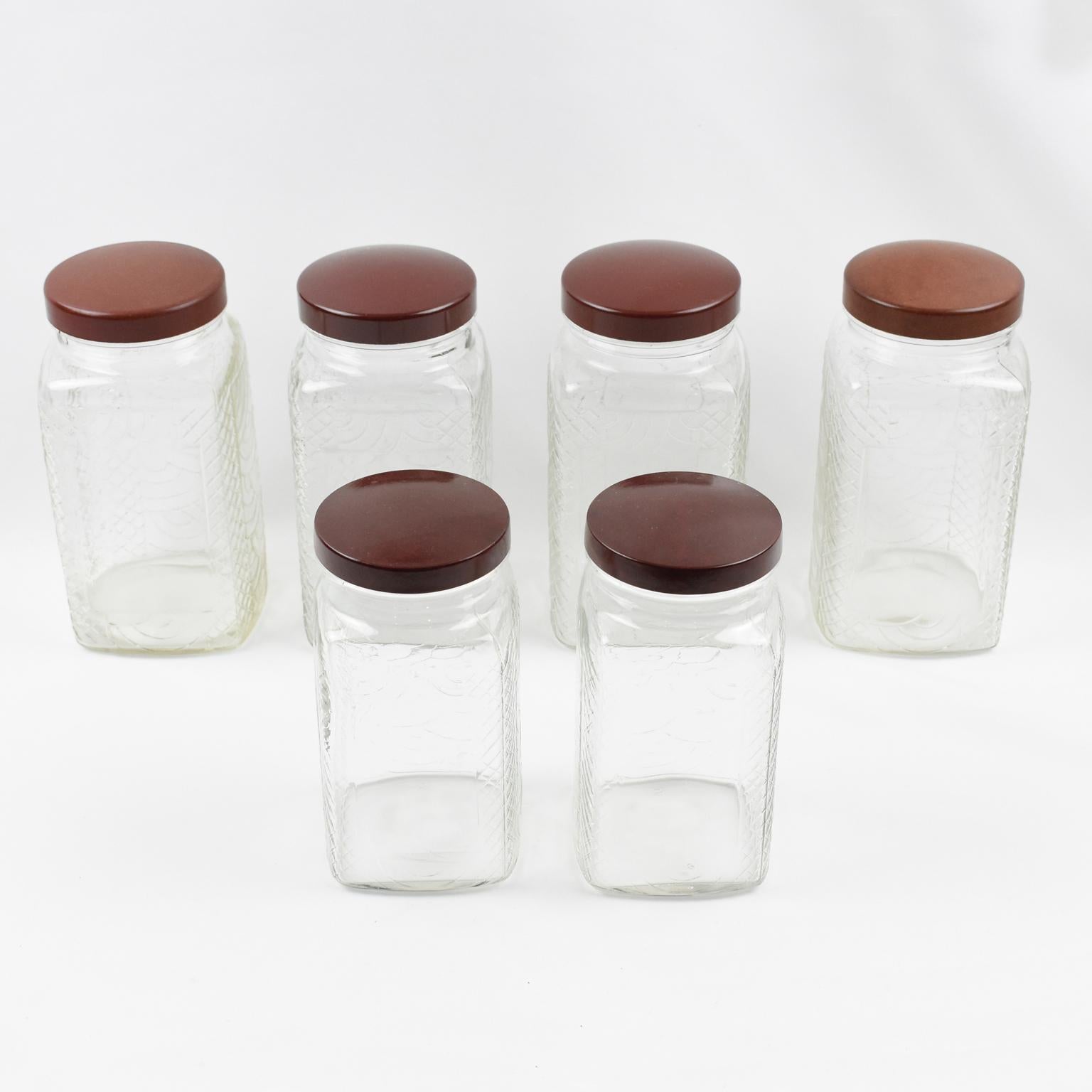 Art Deco Kitchen Canister Jar Molded Glass and Bakelite, 1930s, 6 pieces For Sale 3
