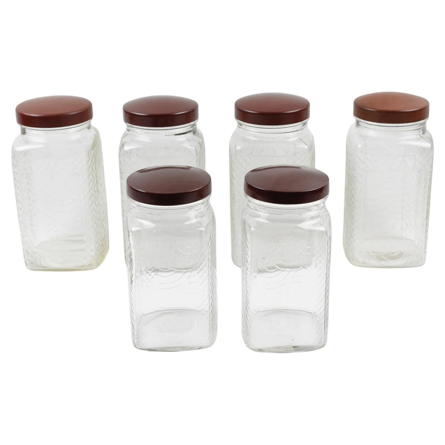 Art Deco Küche Canister Jar geformt Glas und Bakelit, 1930er Jahre, 6 Pieces