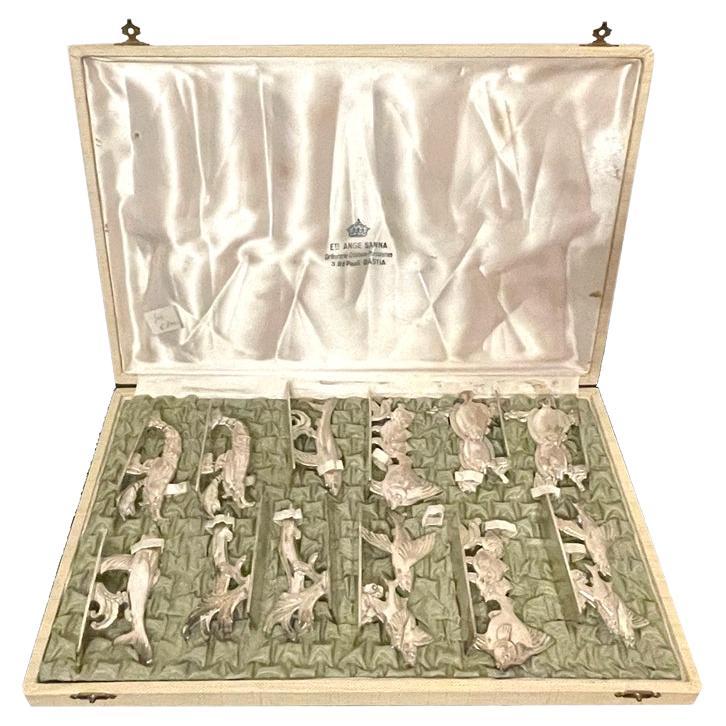 Art Deco Silver-Plated Knife Rest Set with Sea Creatures, France 1930 For Sale