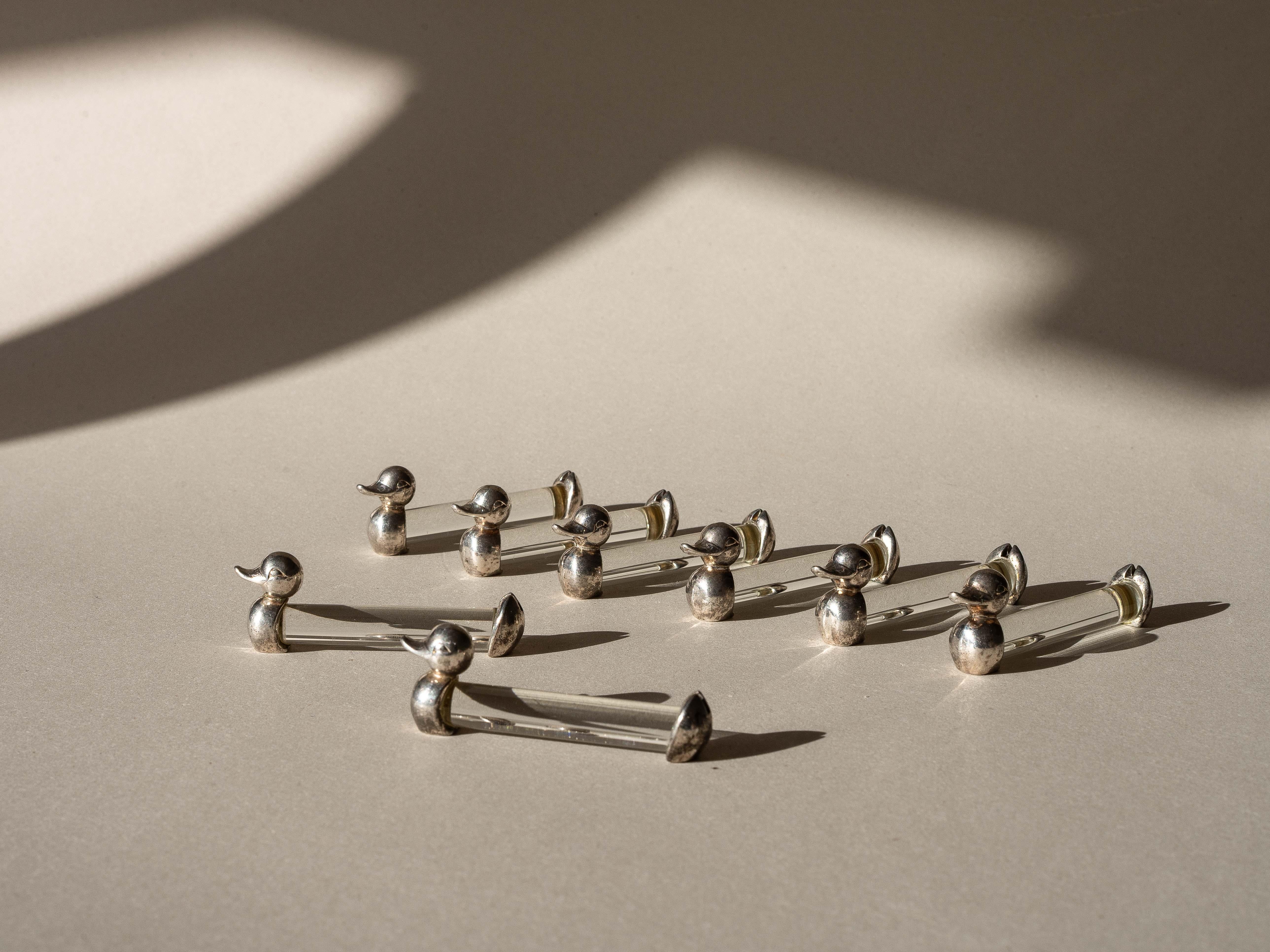 Apoya cuchillos Art Decó, juego de 8 figuras de animales patos, Francia años 40 Metal en venta