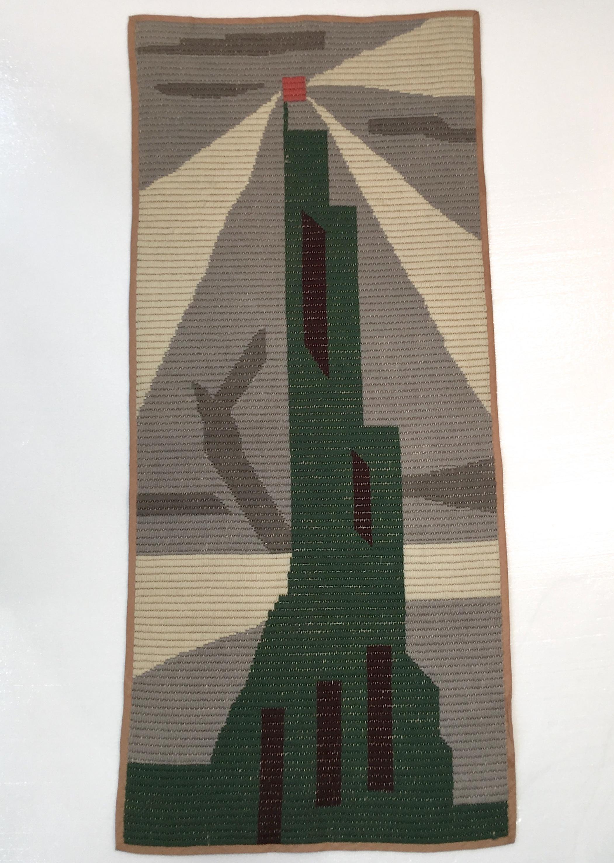 Vintage knit tapestry 50” x 23” depicting a stylized Art Deco skyscraper. Futurist flair in the style of Fortunato Depero although probably American.