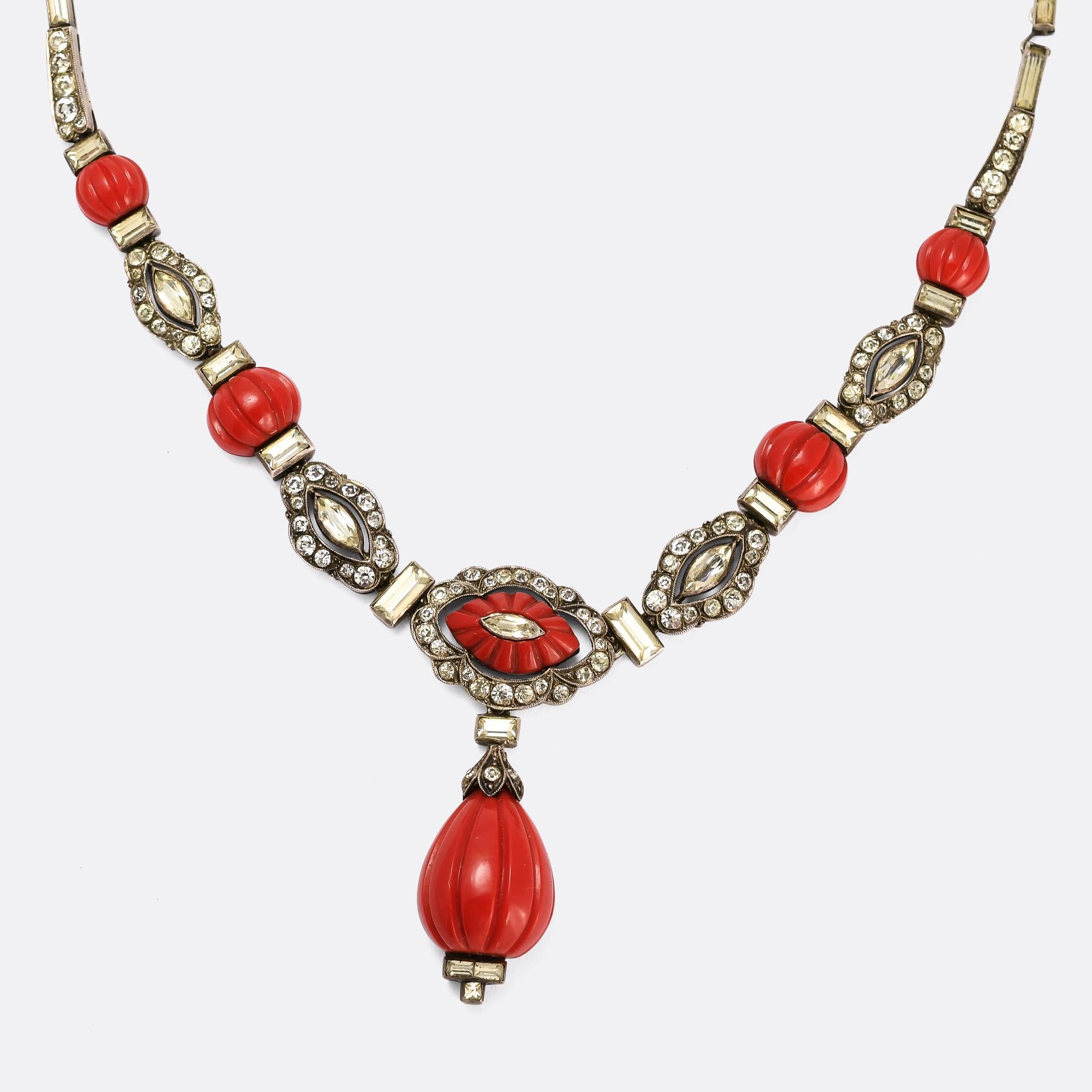 A superb Art Deco necklace by German designer Knoll and Pregizer. It's a beautifully designed and constructed piece, crafted in sterling silver and set with white paste and red Bakelite 