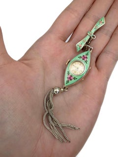 Art Deco Knoll&Pregizer Lotos 935 Silver Watch Enamel Flower Bow Tassel Brooch