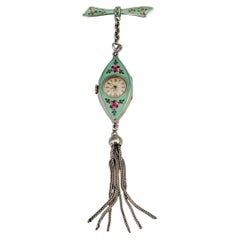 Art Deco Knoll&Pregizer Lotos 935 Silver Watch Enamel Flower Bow Tassel Brooch