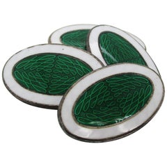 Art Deco Krementz Sterling Silver Green and White Enamel Cufflinks