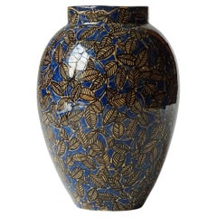 Art déco-Vase mit blauem und schwarzem Blattdekor aus Albisola, La Fenice, Italien 1930er Jahre