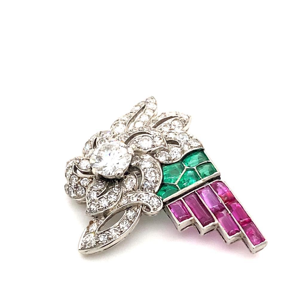 Round Cut Art Deco LaCloche Platinum Diamond Ruby and Emerald Brooch For Sale