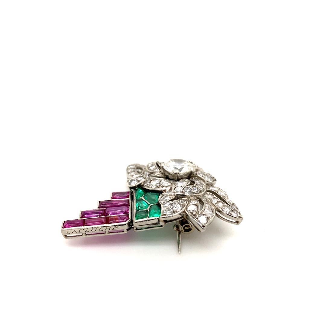 Women's or Men's Art Deco LaCloche Platinum Diamond Ruby and Emerald Brooch For Sale