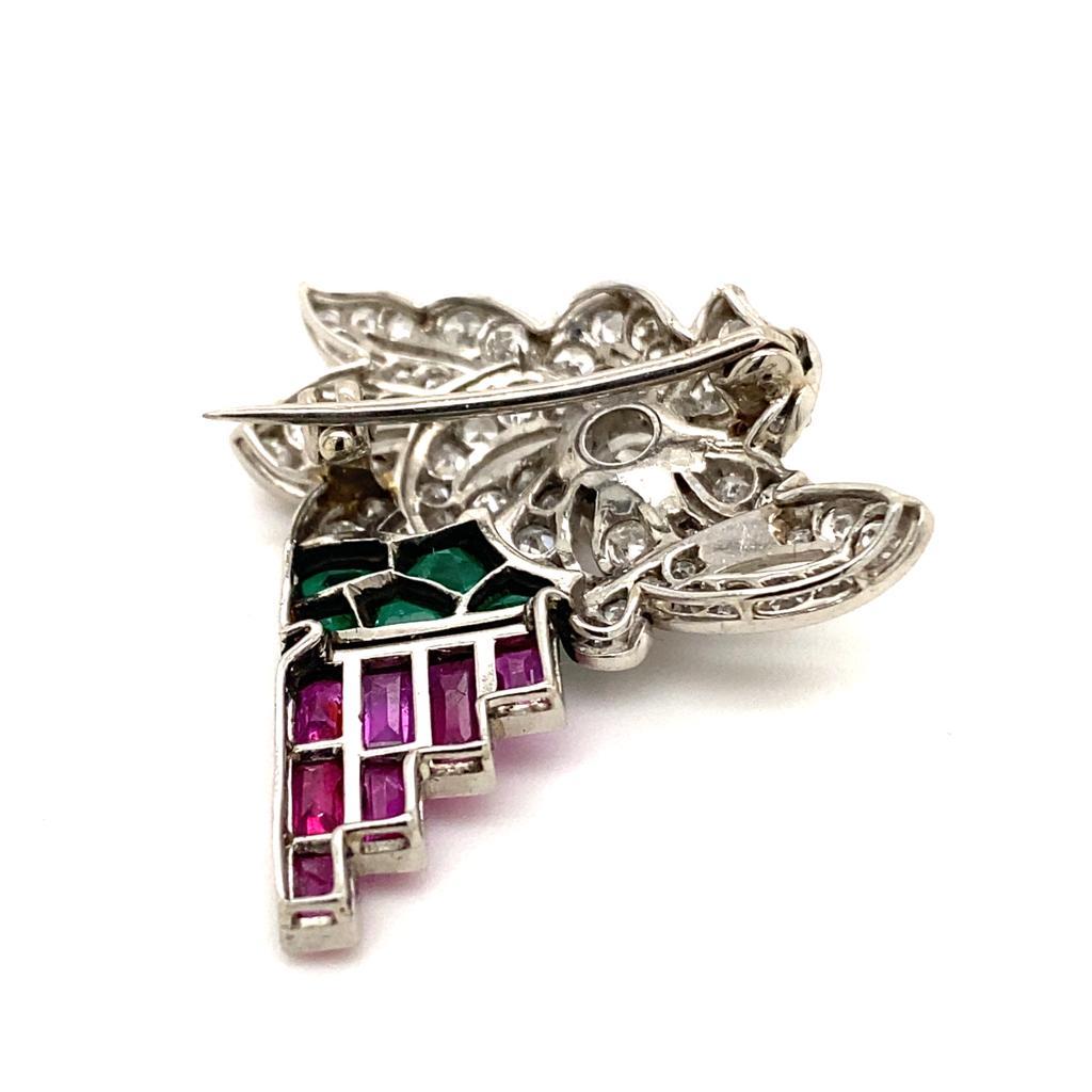 Art Deco LaCloche Platinum Diamond Ruby and Emerald Brooch For Sale 1