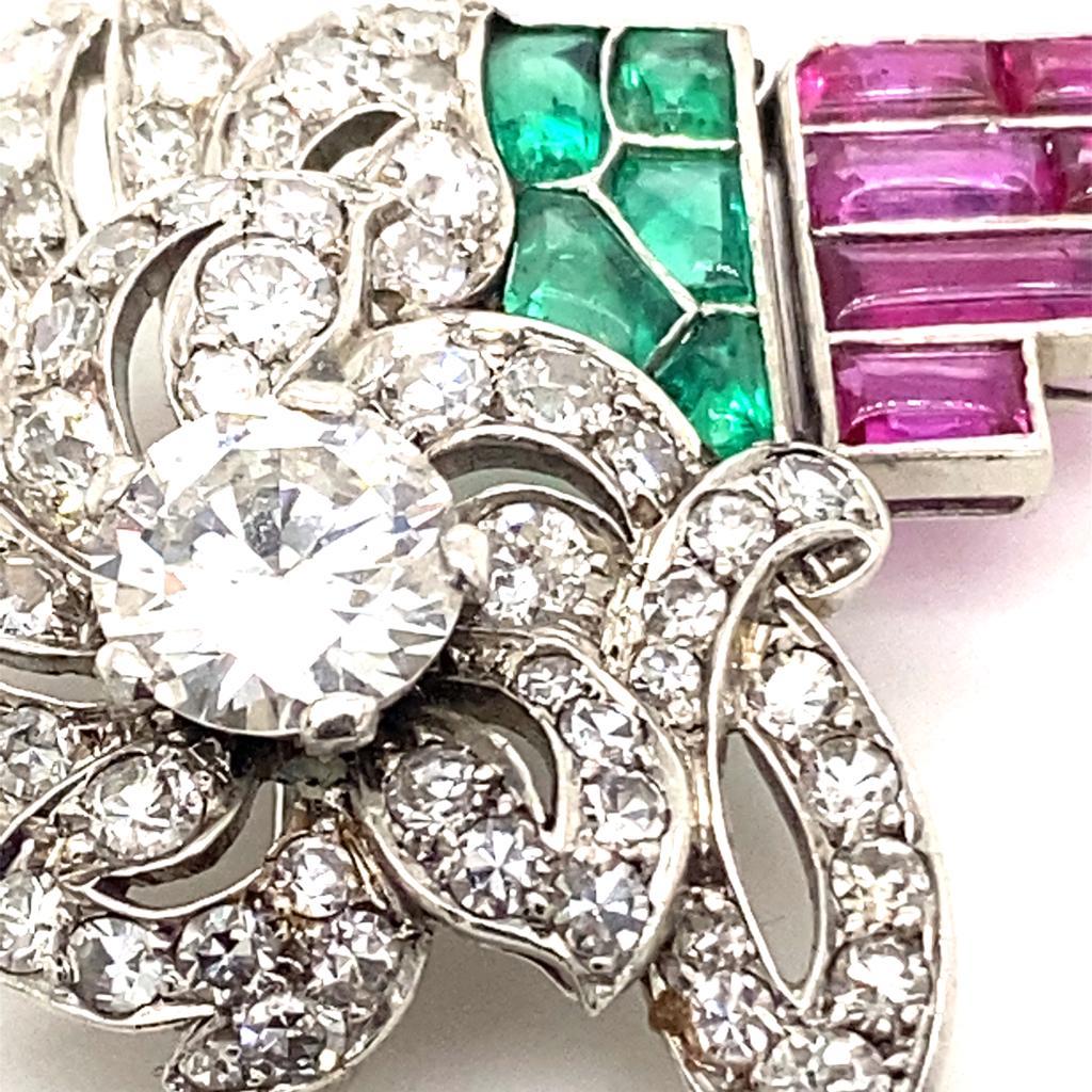 Art Deco LaCloche Platinum Diamond Ruby and Emerald Brooch For Sale 2