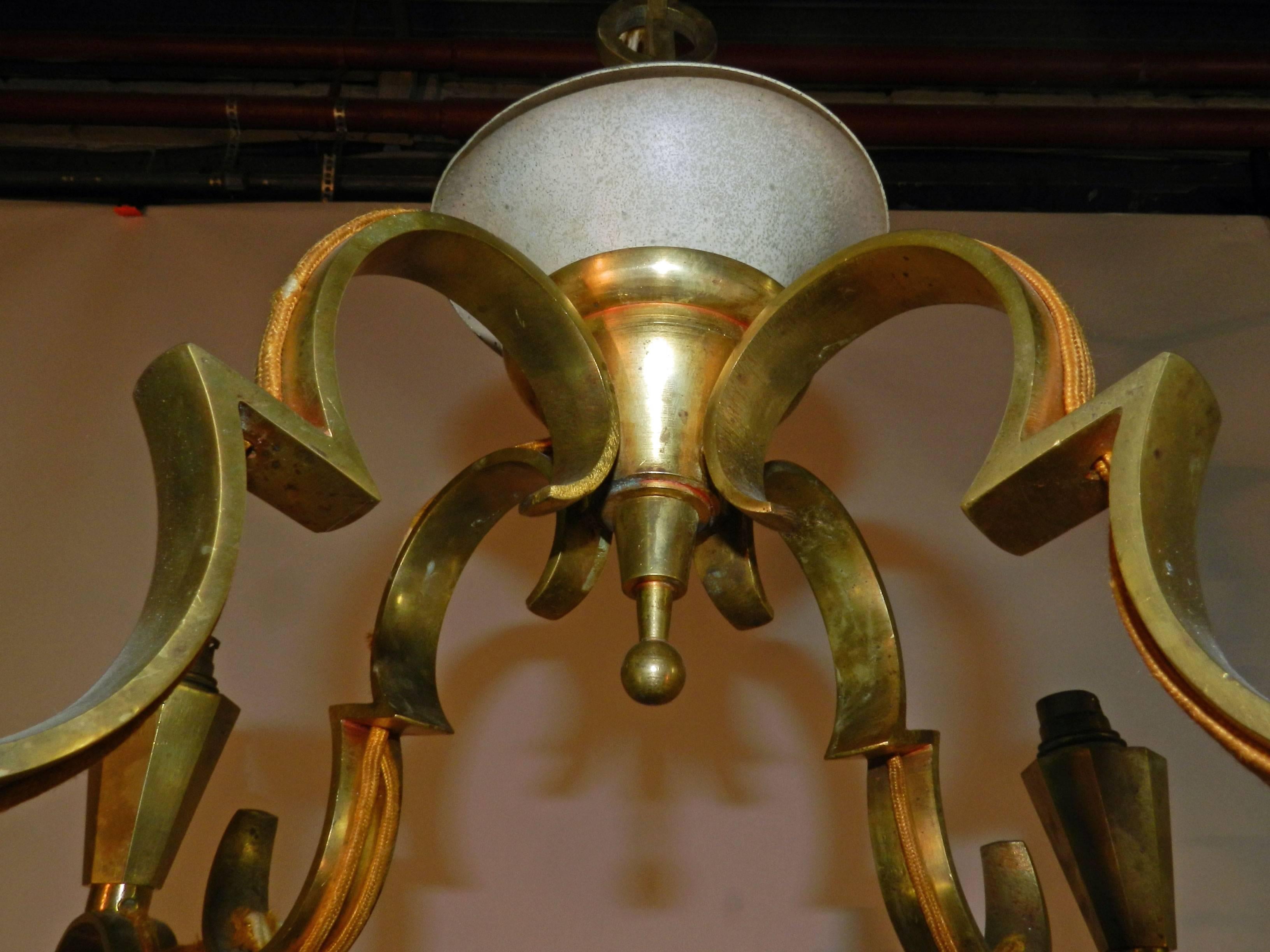 French Art Deco Lacquered Metal and Gilt Bronze Chandelier in the Style of Jules Leleu For Sale