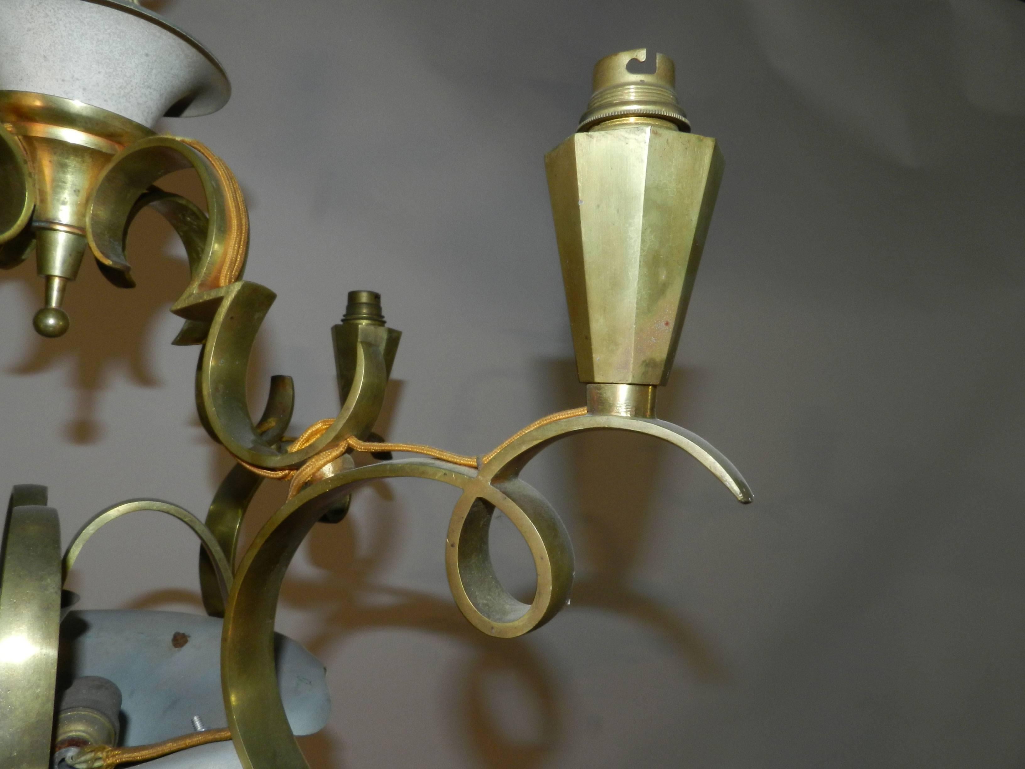Art Deco Lacquered Metal and Gilt Bronze Chandelier in the Style of Jules Leleu In Good Condition For Sale In Saint-Ouen, FR