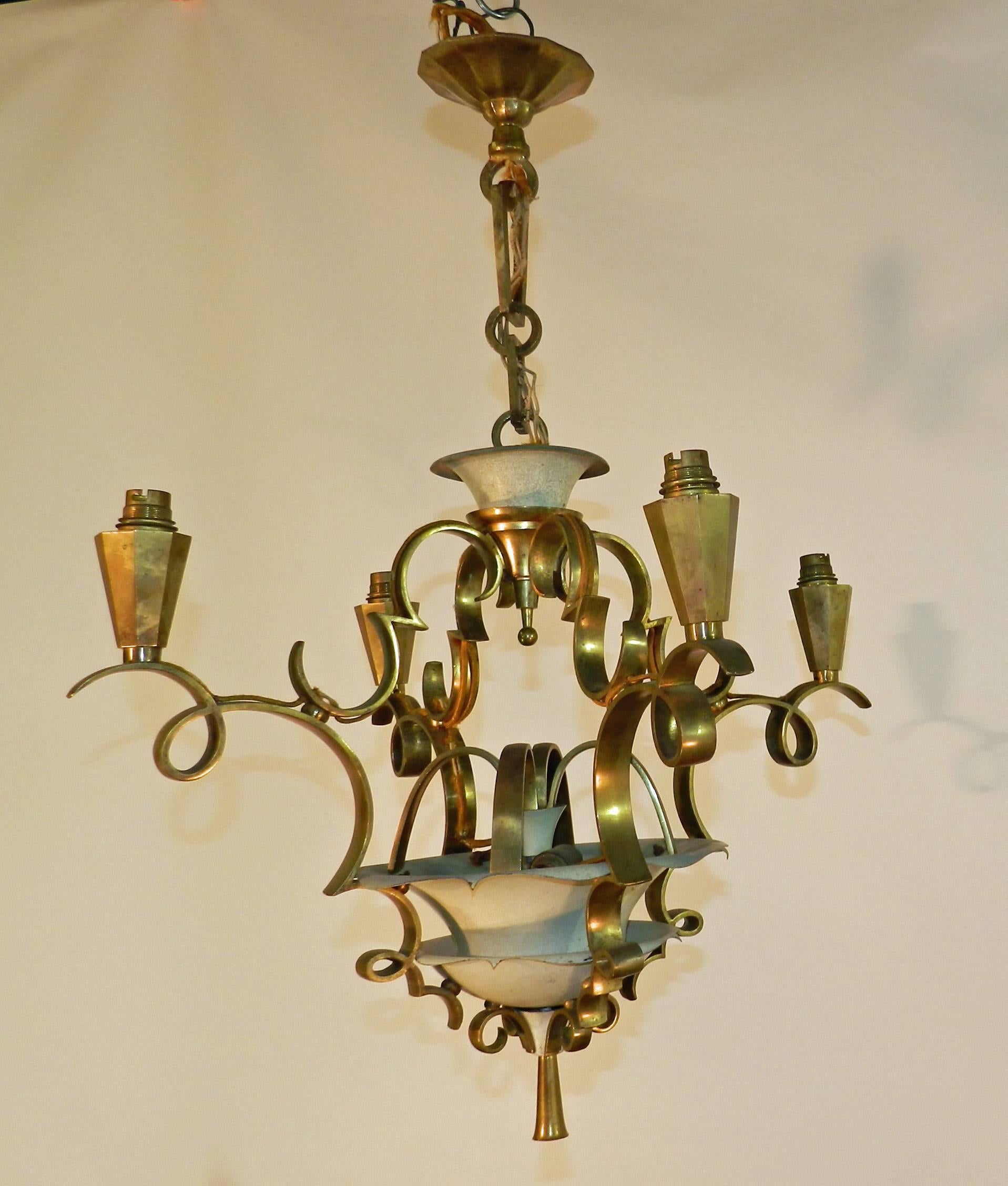 Art Deco Lacquered Metal and Gilt Bronze Chandelier in the Style of Jules Leleu For Sale 1