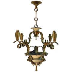 Art Deco Lacquered Metal and Gilt Bronze Chandelier in the Style of Jules Leleu