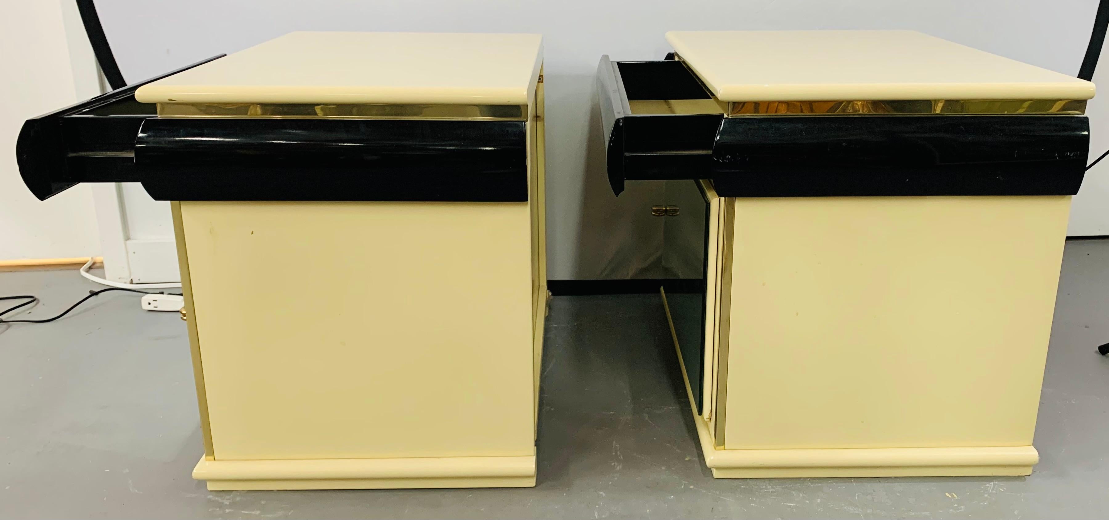 Art Deco Lacquered Off-White and Black Nightstand with Mirrored Door, a Pair 2